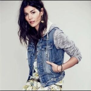 Free People Women’s Knit Hoodie Distressed FP Denim Jacket Navy XS (oversized)